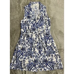 Eliza J Sleeveless Button Front Dress Sz 6 Blue White Paisley Floral Linen Blend